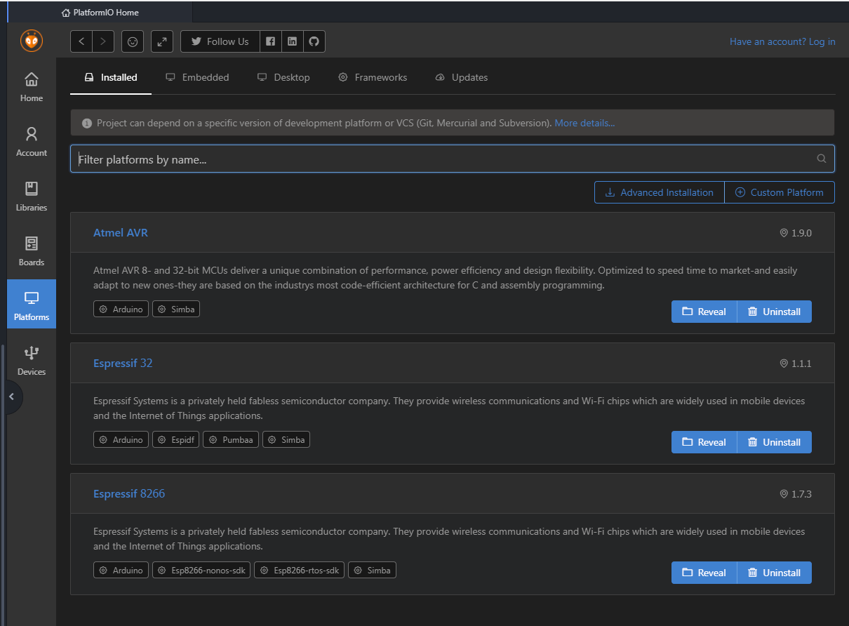 Platformio installed Platforms