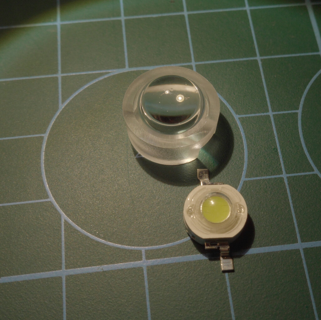 The 3W LED die with collimating LED lens that forms the foundation of the light source