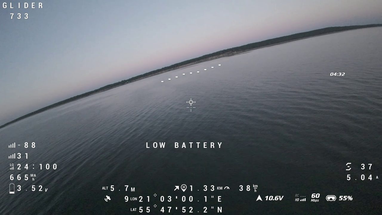 1.33 km. LOW BATTERY on OSD. The radio said nothing for 150 seconds.