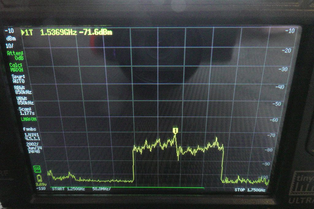 TinySA measurement outside — 1.2–1.8 GHz span — GPS L1 at 1575.42 MHz barely visible above the Pavo20 noise floor
