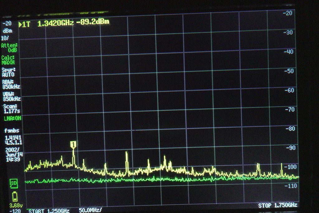 TinySA MAX HOLD measurement — Pavo20 Pro II, 1.2–1.8 GHz, accumulated over time in basement environment — multiple harmonic spurs visible in GPS band region